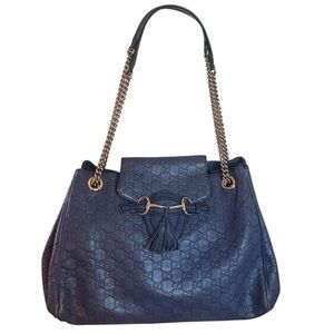 GUCCI Emily Navy Blue Leather Shoulder Bag, Guccissima Bag, Large Size